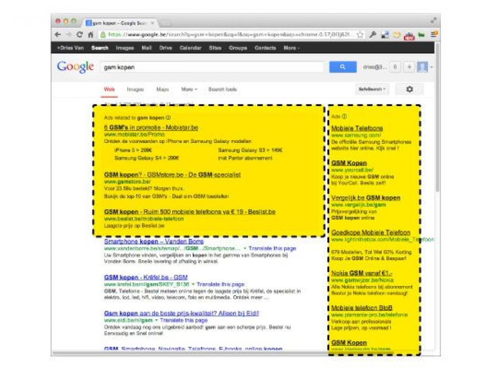 Screenshot Google zoekresultaten. De betaalde zoekresultaten staan in het geel aangegeven. 
