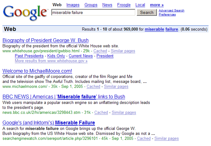 Googlebom voorbeeld "miserable failure"