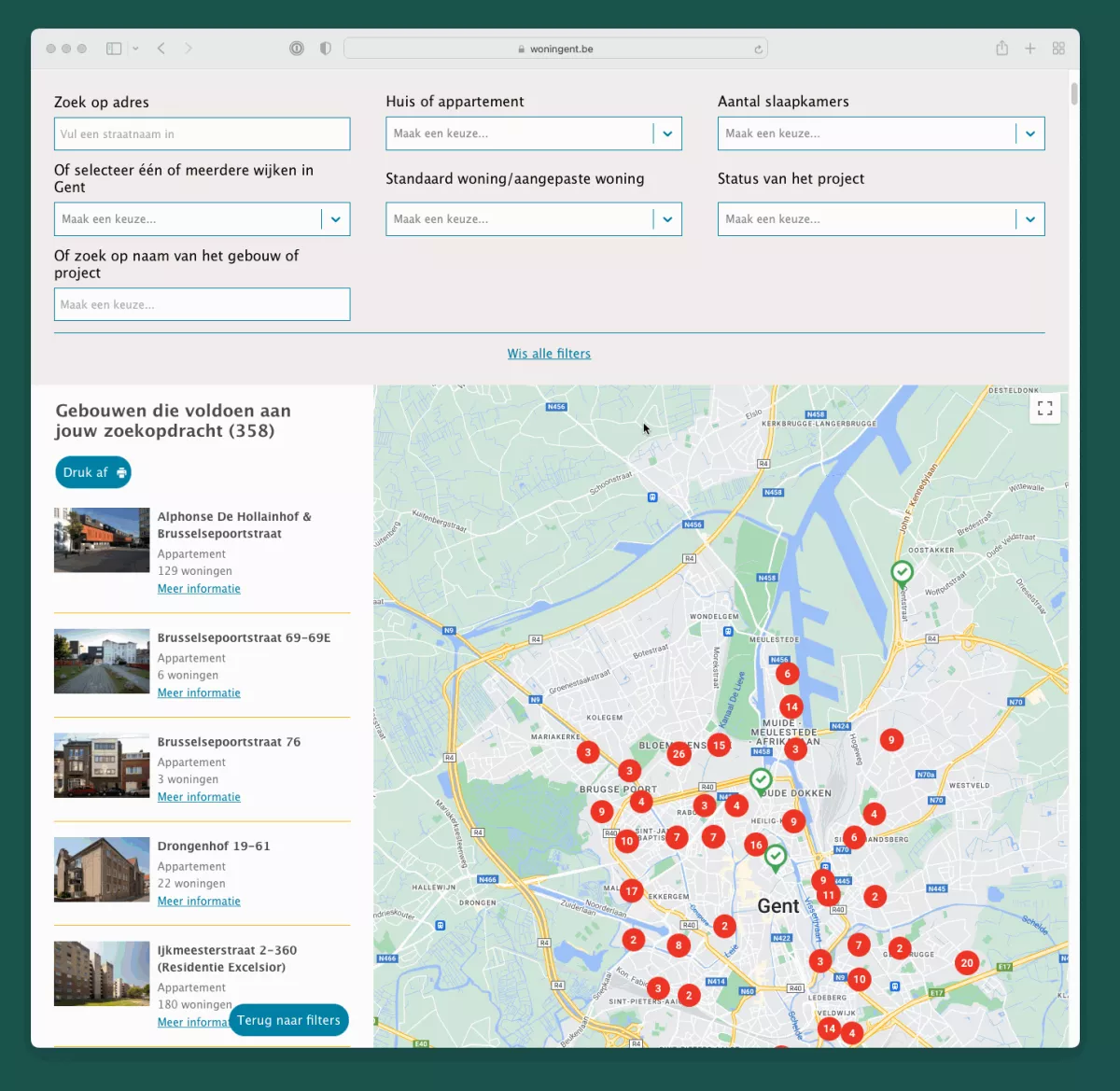 Een kaart met alle gebouwen van WoninGent waarbij een filter geactiveerd wordt