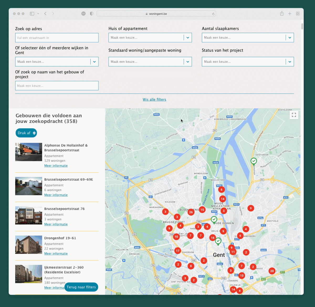 Een kaart met alle gebouwen van WoninGent waarbij een filter geactiveerd wordt