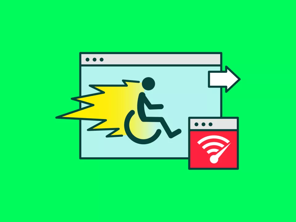 Super snelle en toegankelijke websites Icoontje van een rolstoel met een snelheidsindicator