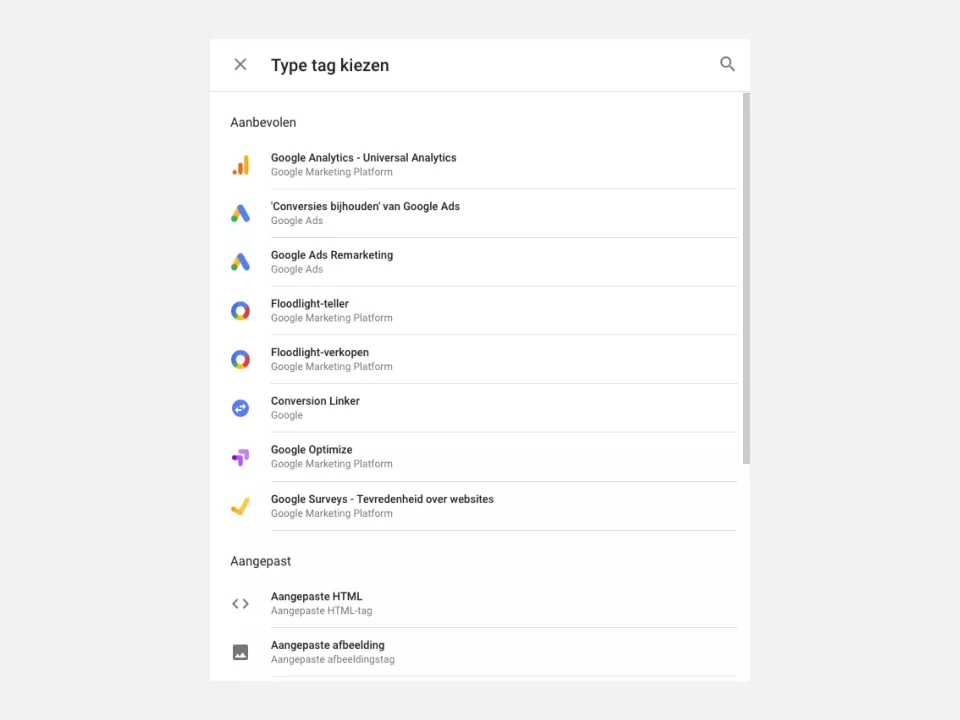 screenshot Google Tag Manager soorten tags.