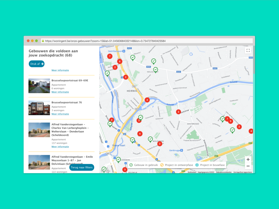 Resultaten van een zoekopdracht op de kaart van WoninGent