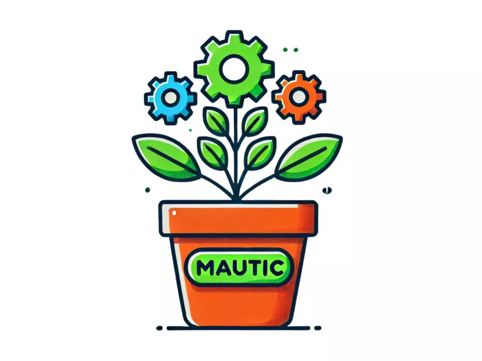 Logo Mautic blogpost Bloempotje met tandwielbloemen en een Mautic opschrift