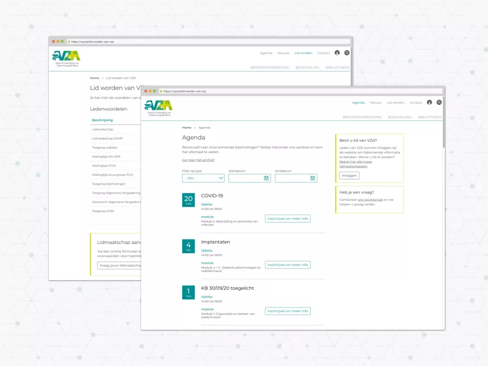 Overzicht van enkele pagina's op de site van VZA