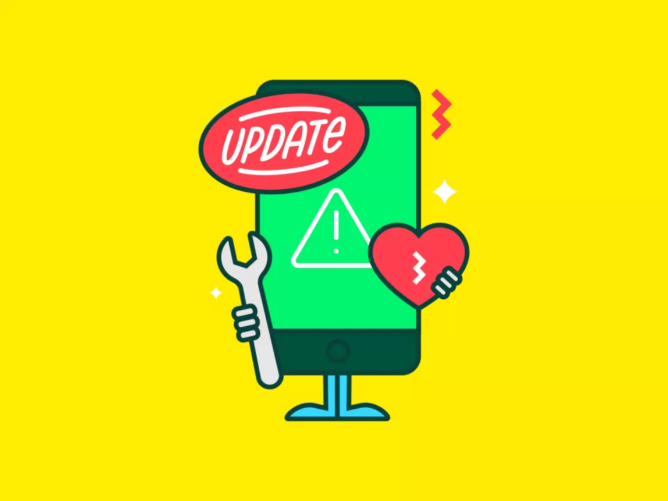 3sign updates Cartoon GSM met gereedschap in de hand en een update ballon.