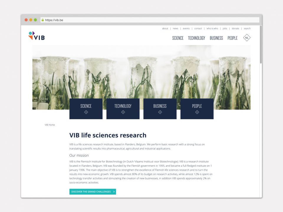 Screenshot van de voorpagina van de VIB.be website