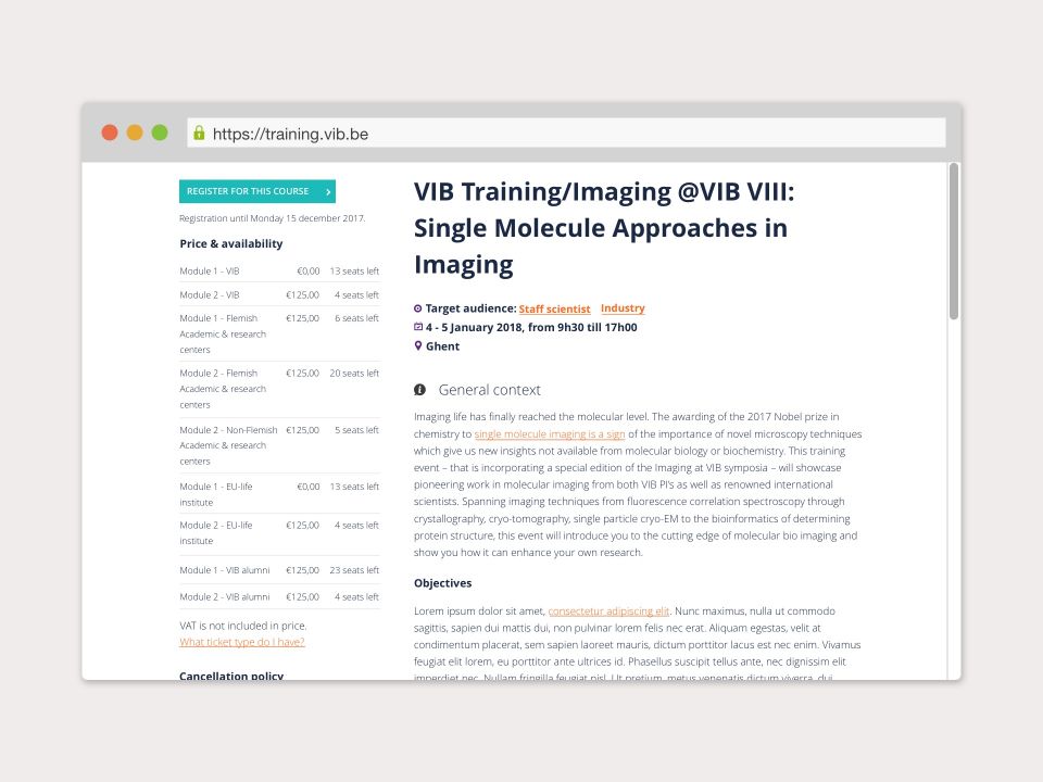 VIB training detailpagina van een training