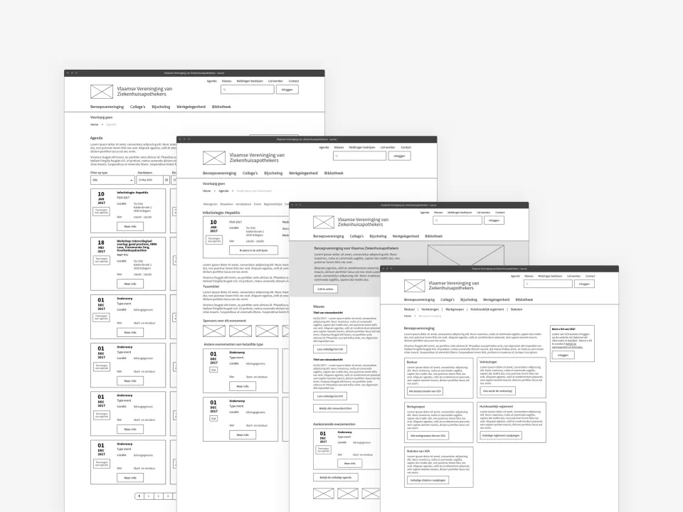 Enkele wireframes van de website van VZA