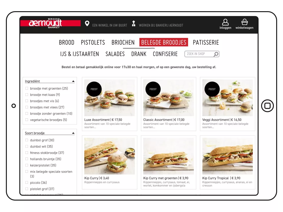 Website Bakkerij Aernoudt op iPad: belegde broodjes