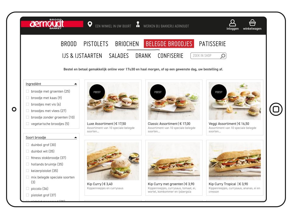 Website Bakkerij Aernoudt op iPad: belegde broodjes