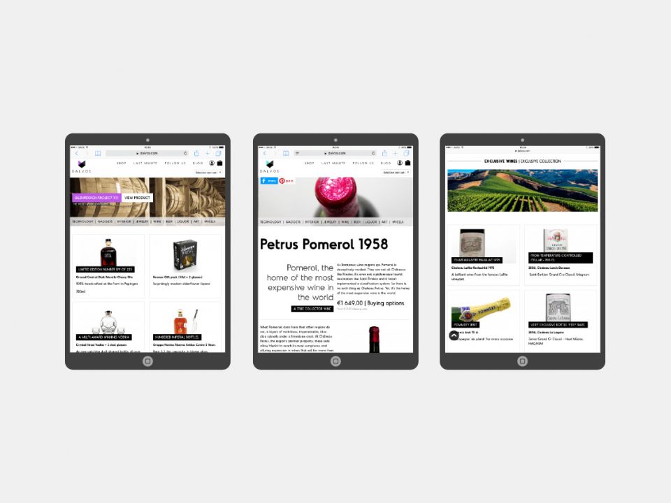 Diverse pagina's van de webshop van Dalvos op een tablet Diverse pagina's van de webshop van Dalvos op een tablet