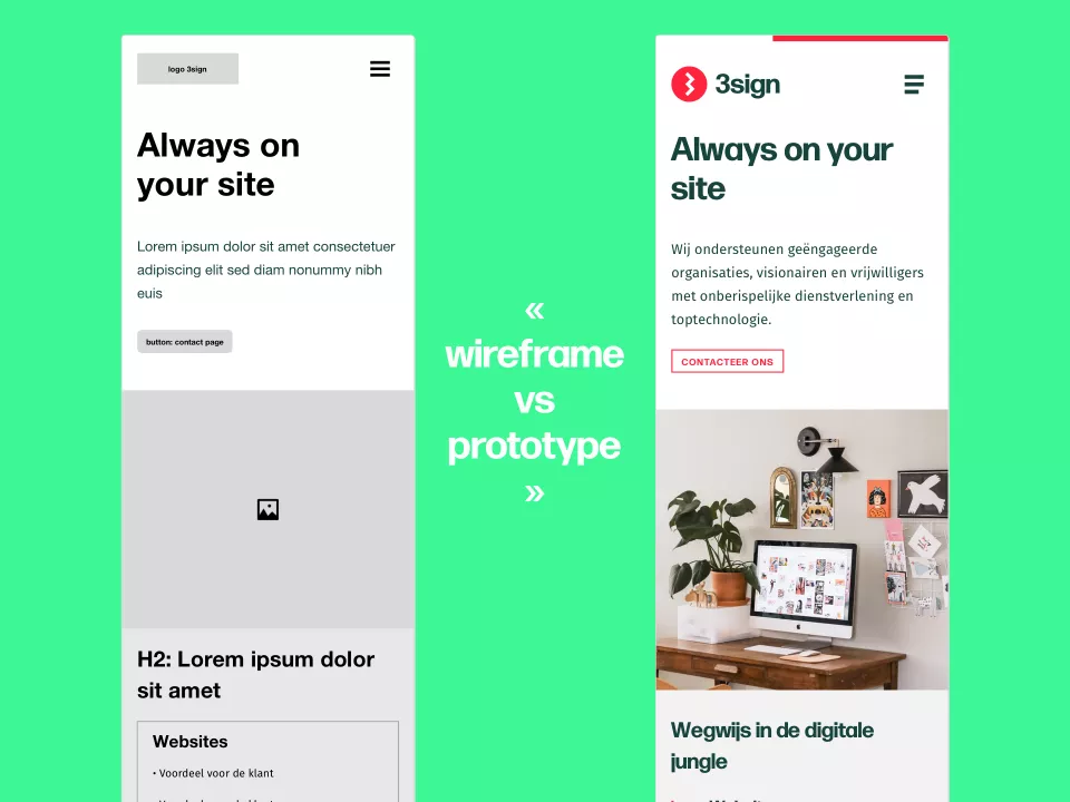 Links een wireframe van 3sign.com. Hier is geen kleur gebruikt en staan geen afbeeldingen. Rechts een design van dezelfde pagina, waarbij alles is opgemaakt. Links een wireframe van 3sign.com. Hier is geen kleur gebruikt en staan geen afbeeldingen. Rechts een design van dezelfde pagina, waarbij alles is opgemaakt.