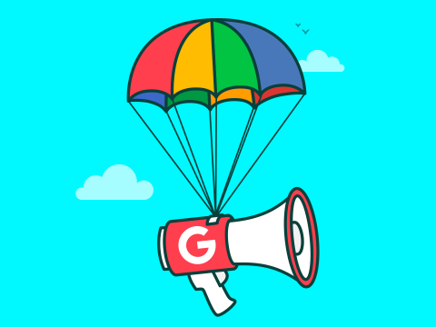 Megafoon met Google logo hangend aan een parachute