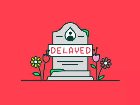 Grafsteen Drupal met bordje "delayed" erop.
