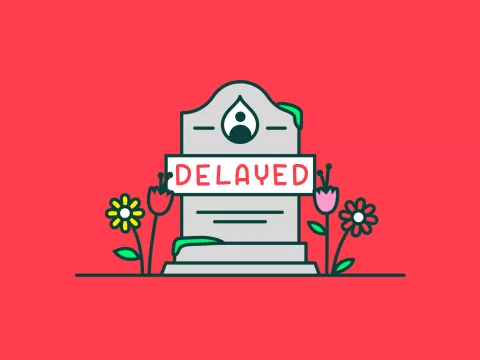 Grafsteen Drupal met bordje "delayed" erop.