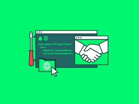 Browservenster met code in en een handdruk