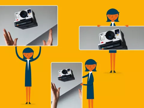Mevrouw met verschillende fotokaders die steeds een andere verhouding hebben.