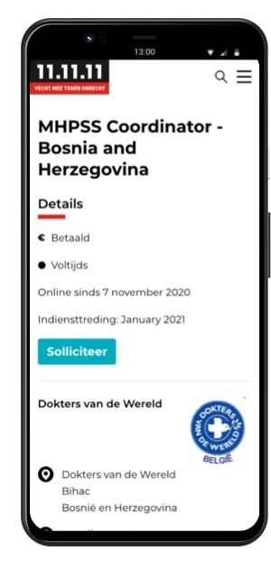 Vacature op de site van 11.11.11 op een mobiel toestel