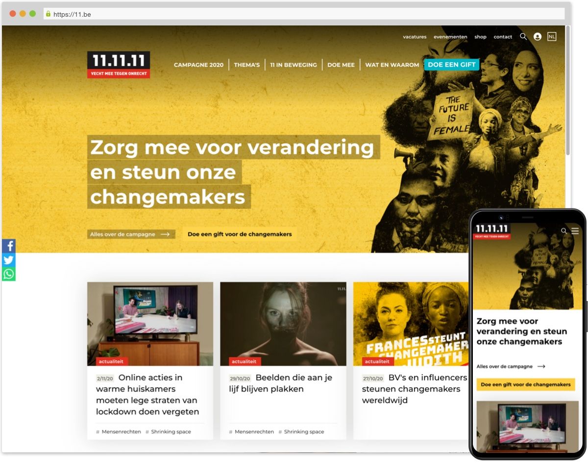 Voorpagina website 11.11.11 op een desktop en mobiel toestel