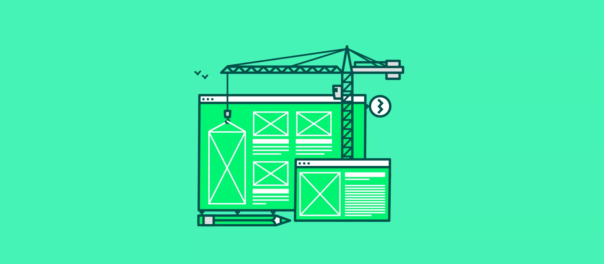 Wifreframes, de bouwtekeningen van je website: een weergave van enkele wireframes met een bouwkraan. Wifreframes, de bouwtekeningen van je website: een weergave van enkele wireframes met een bouwkraan.