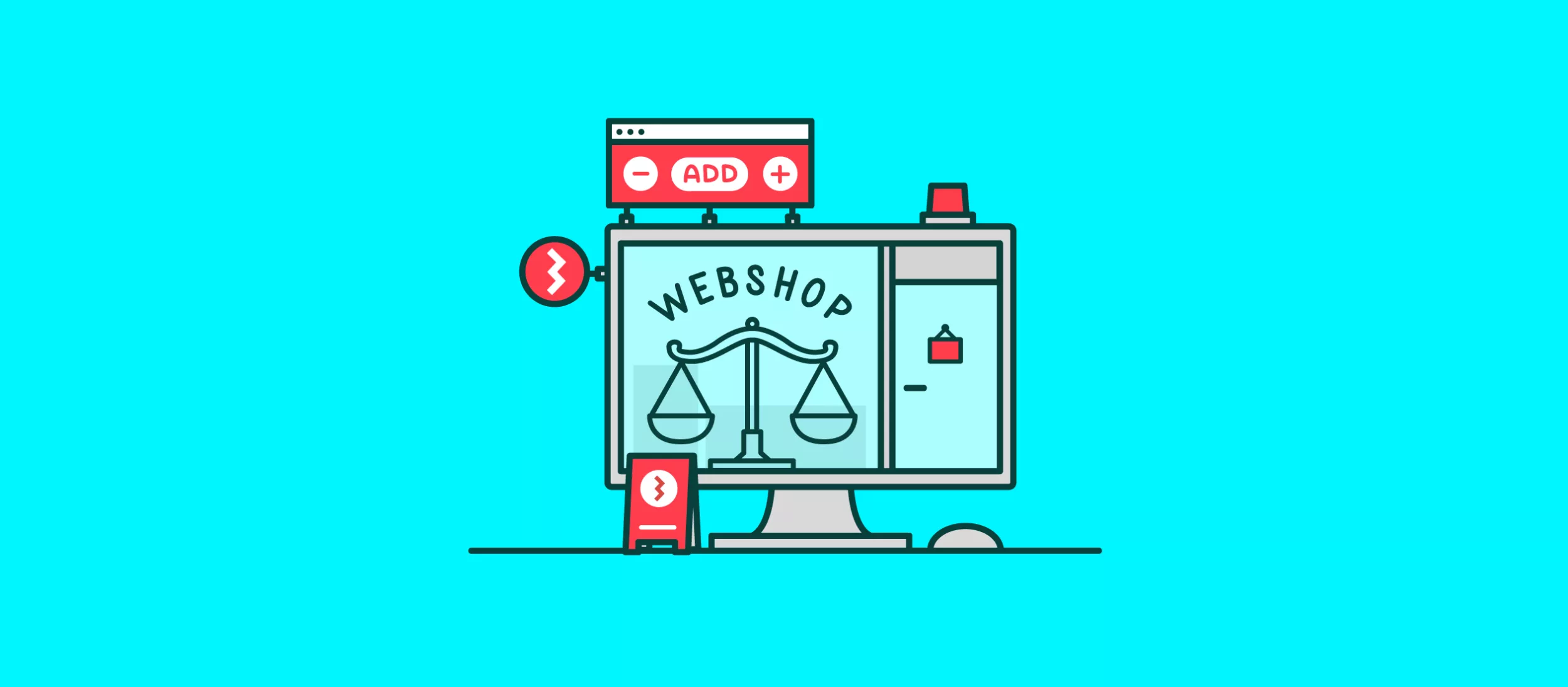 tekening van webshop met een weegschaal op het scherm