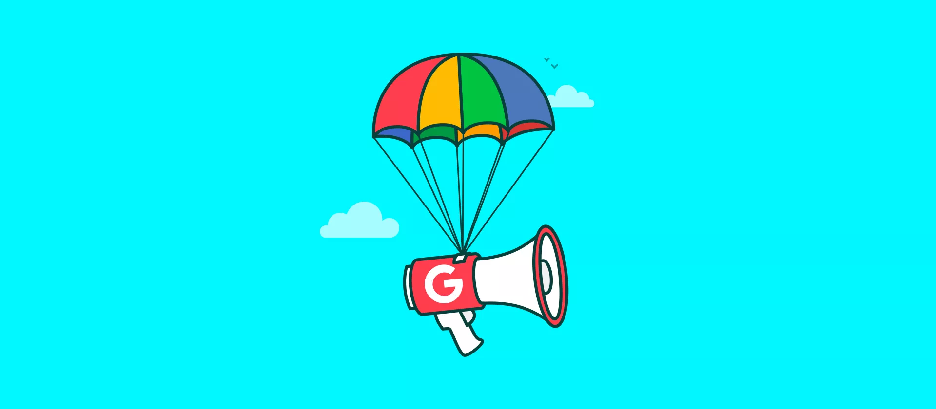 Megafoon met Google logo hangend aan een parachute Megafoon met Google logo hangend aan een parachute