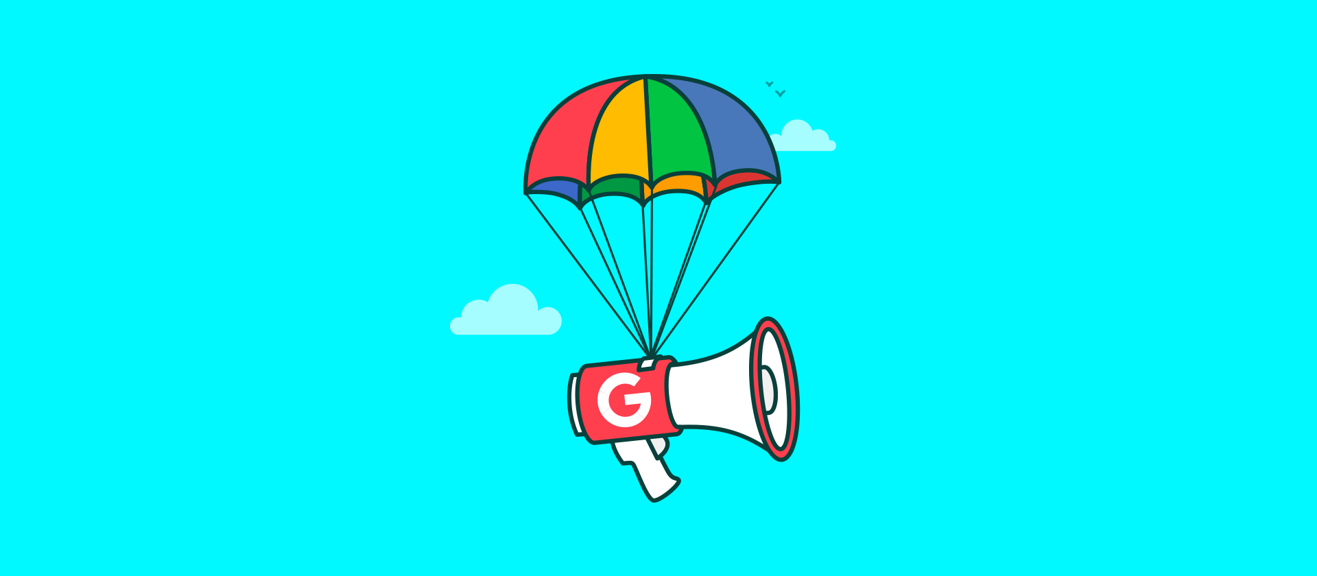 Megafoon met Google logo hangend aan een parachute