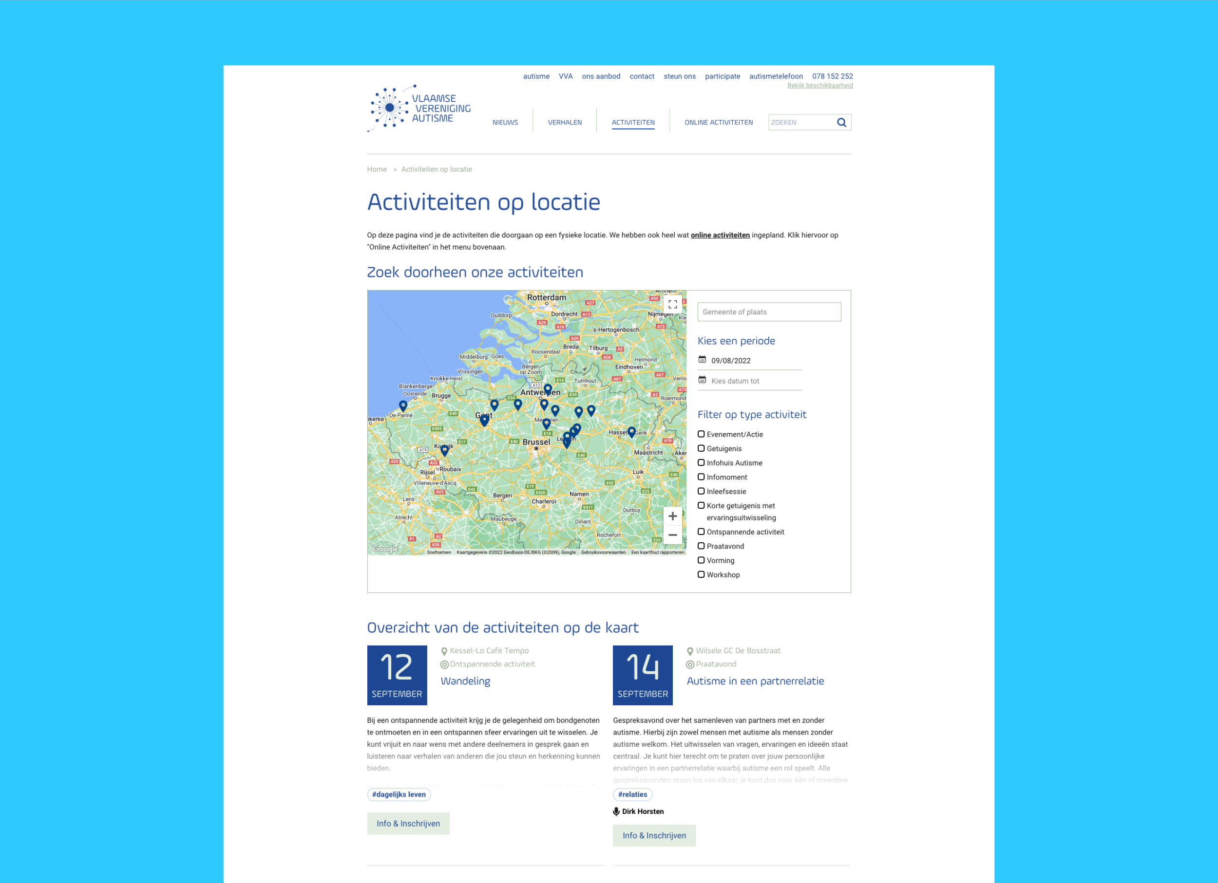 De interactieve kaart van de Vlaamse Vereniging Autisme zonder actieve filters