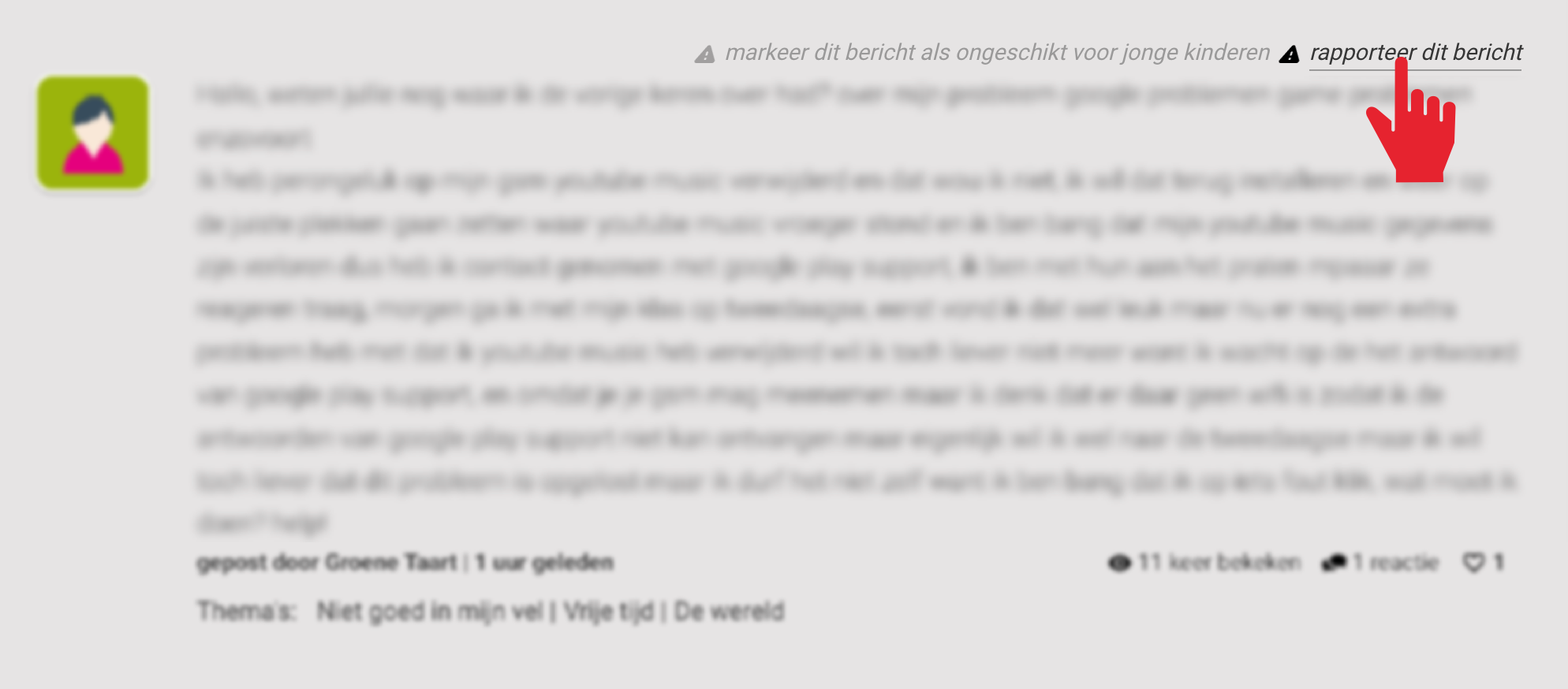 Screenshot van een bericht met de optie om dit bericht te rapporteren