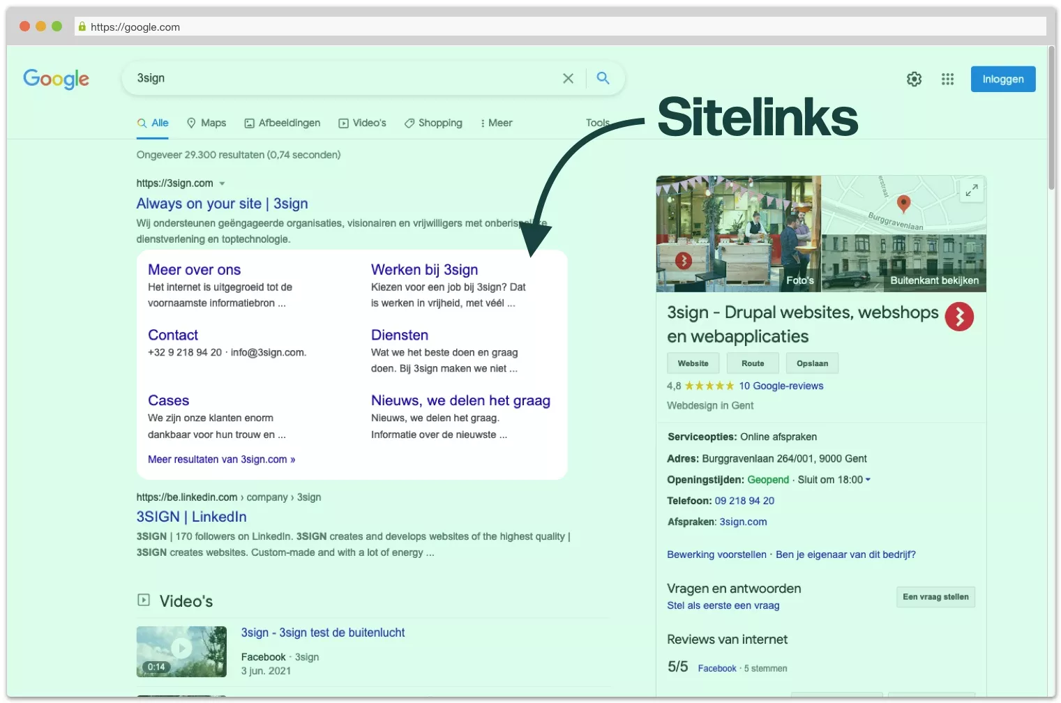 Screenshot van een zoekactie waarop de sitelinks van google staan aangeduid. Screenshot van een zoekactie waarop de sitelinks van google staan aangeduid.