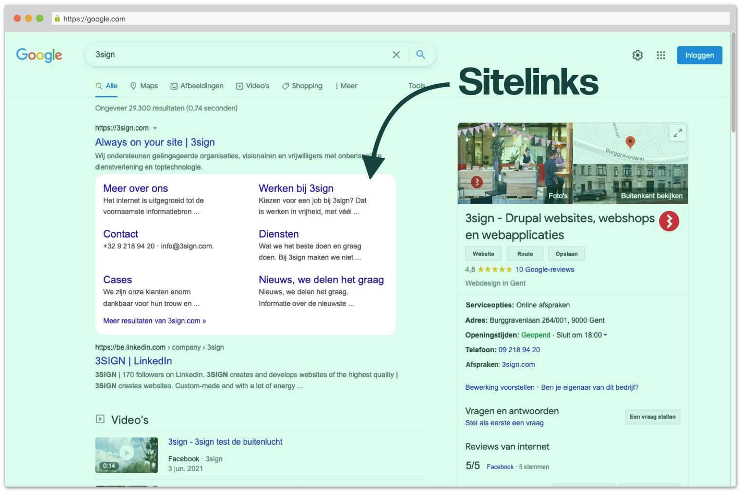 Screenshot van een zoekactie waarop de sitelinks van google staan aangeduid.