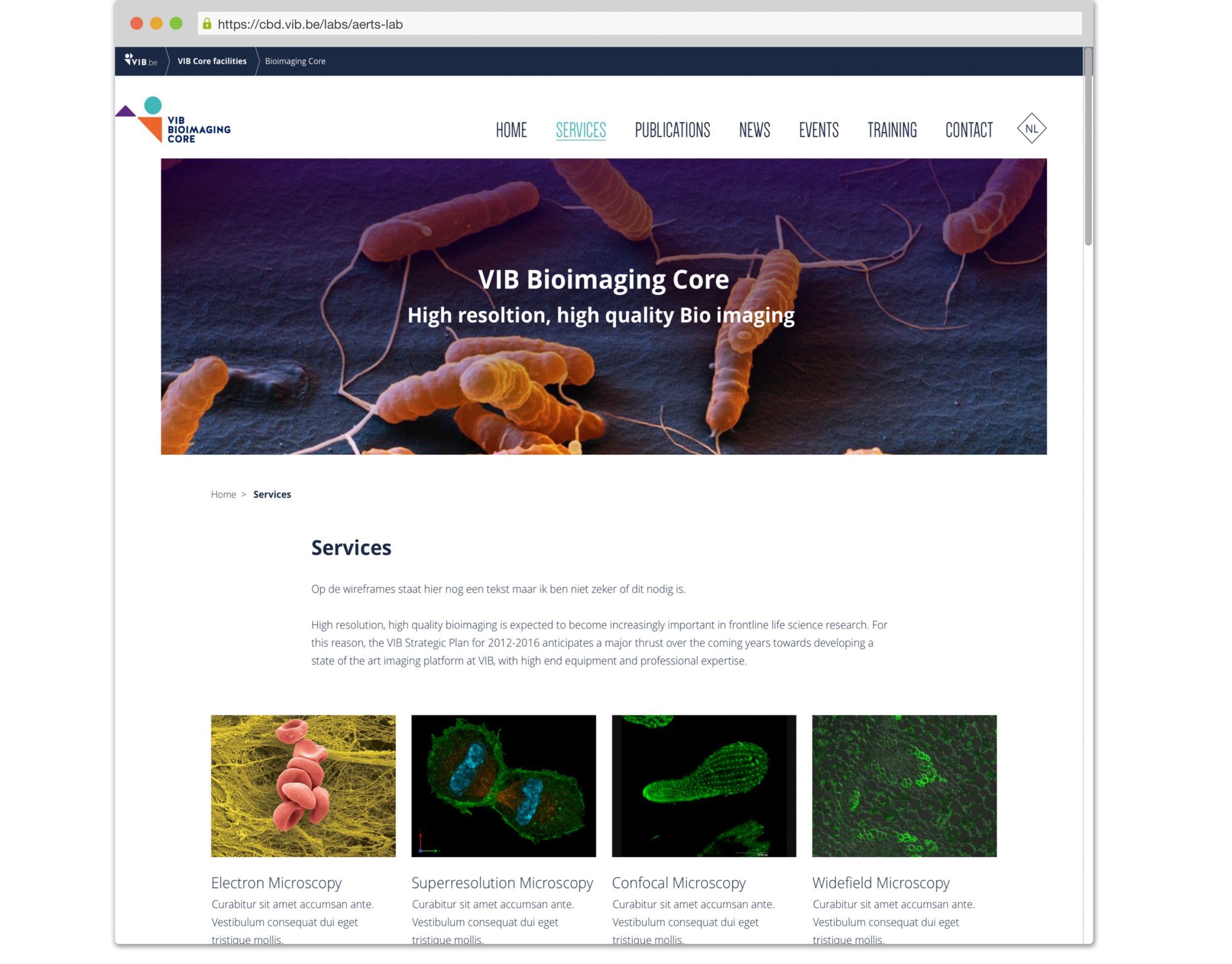 Screenshot van de VIB core facilities