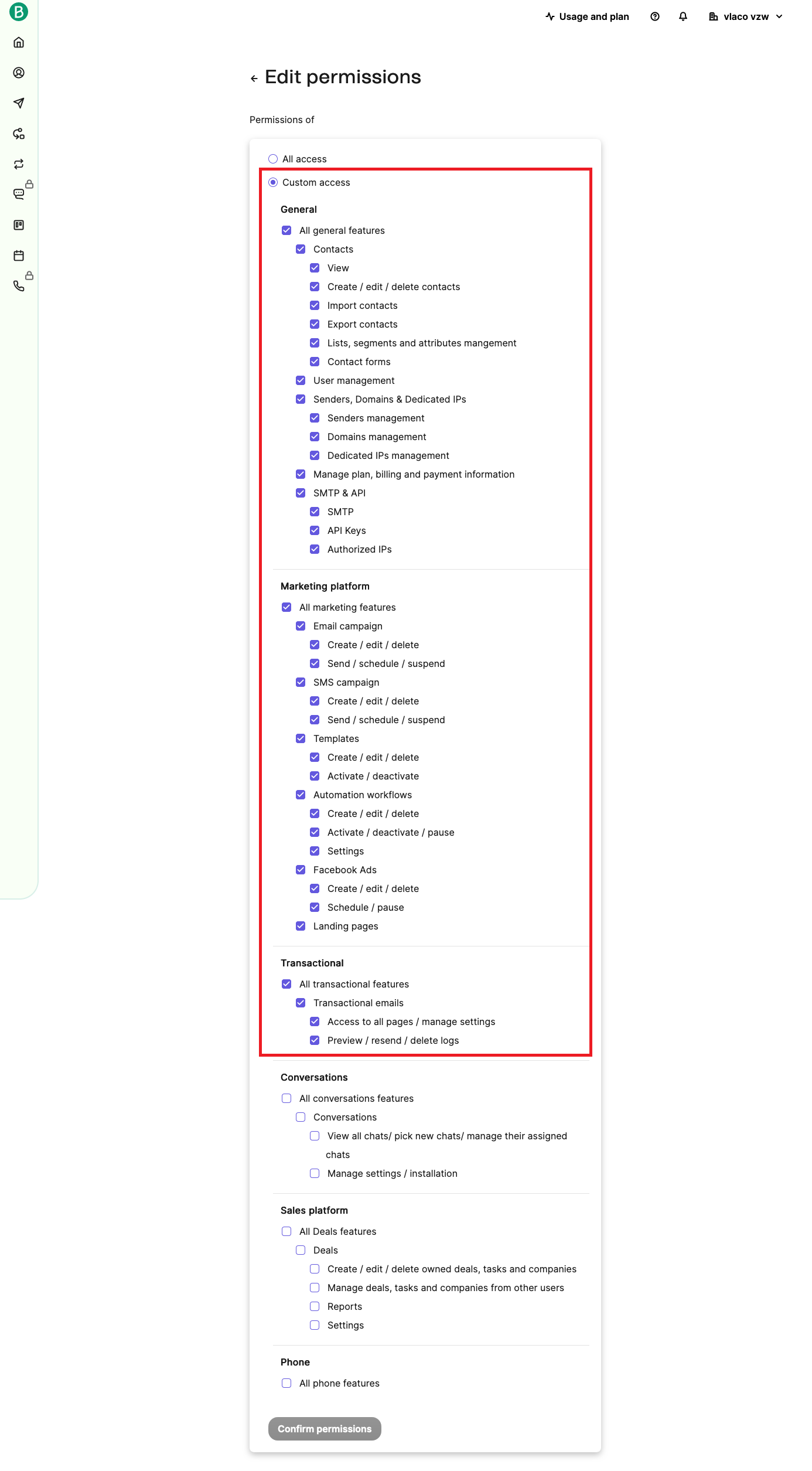 Brevo edit permissions