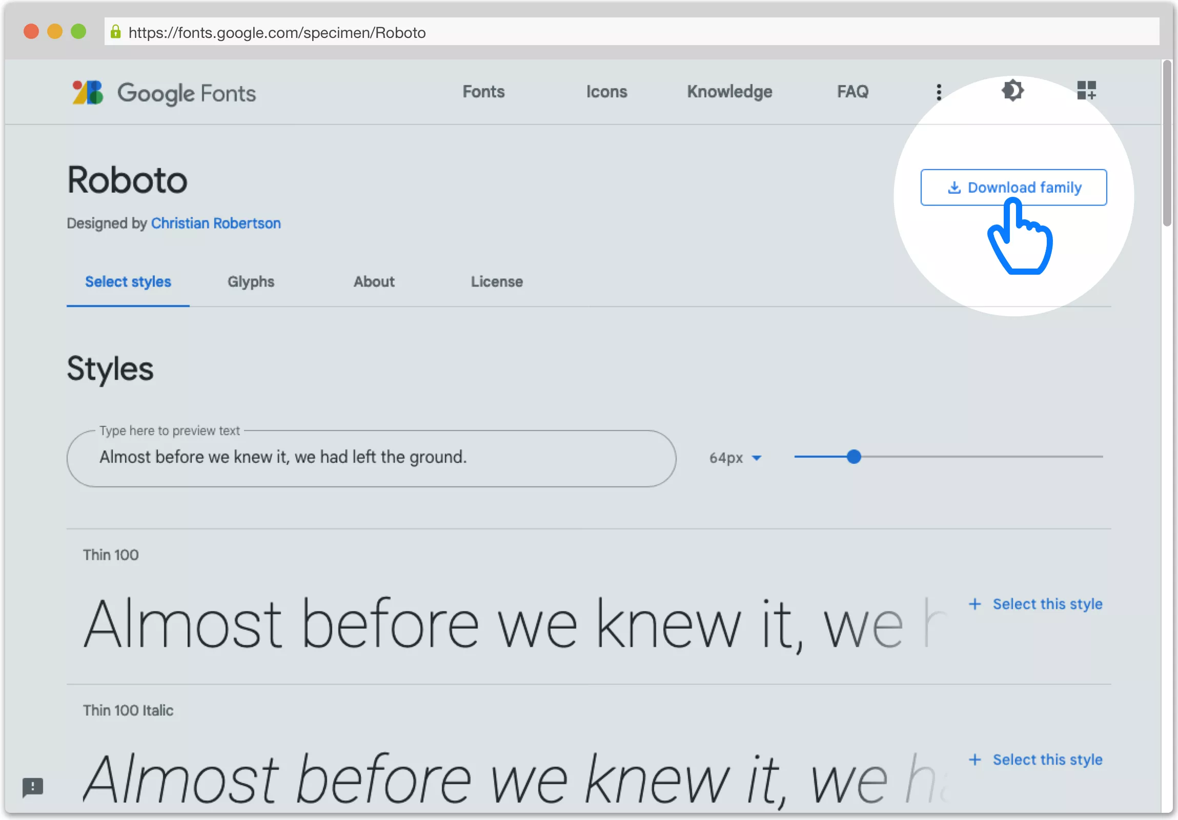 Hightlight van download button op Google Fonts