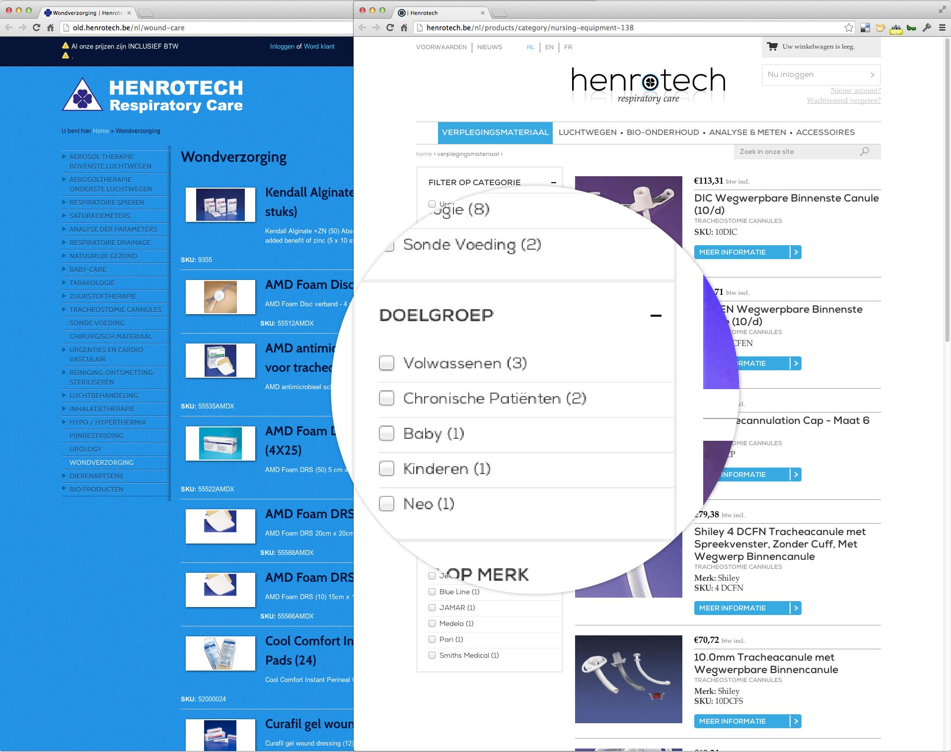 Weergave van de filternavigatie op de site van Henrotech
