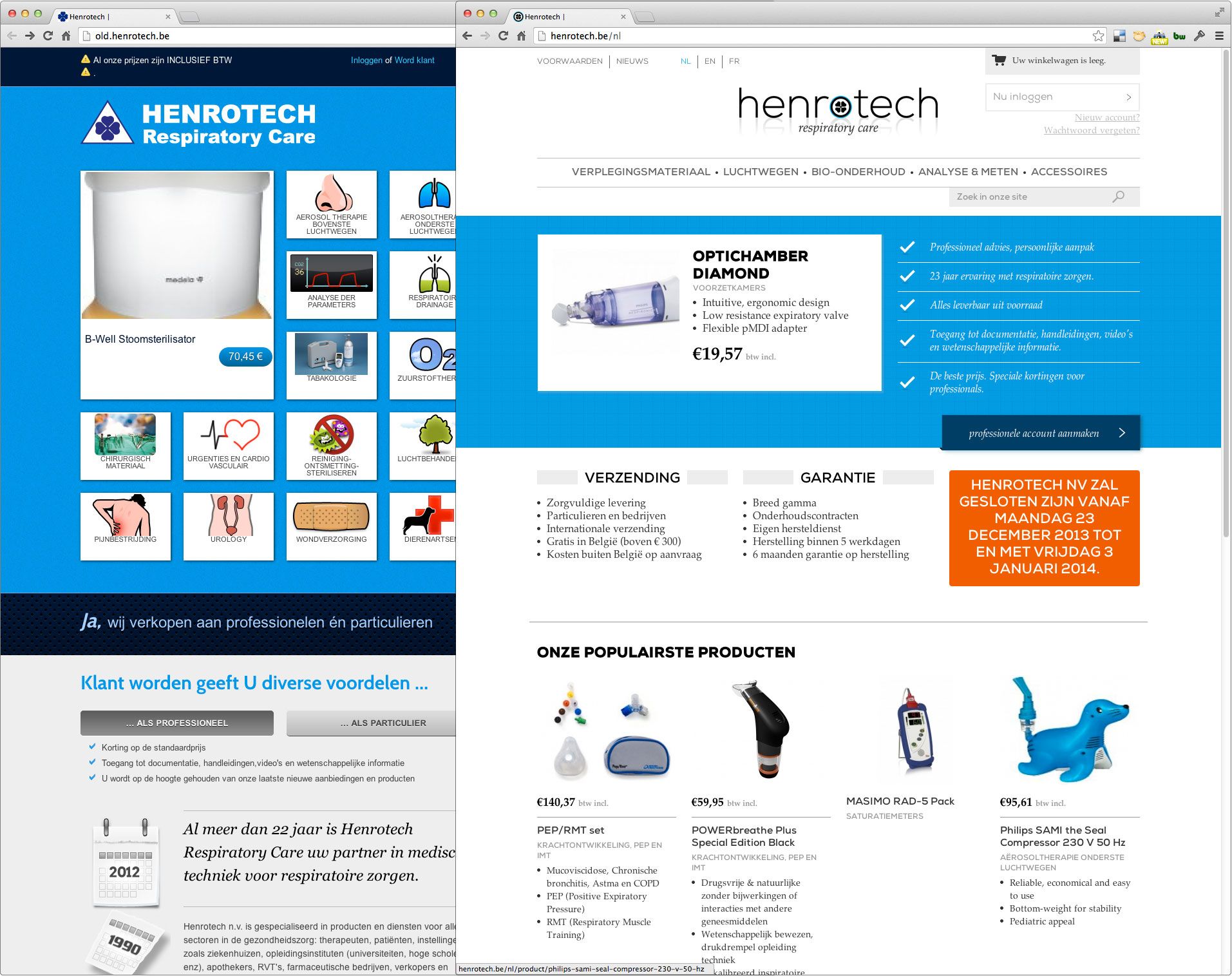 Oude en nieuwe webshop van Henrotech naast elkaar. Links de oude, rechts de nieuwe.