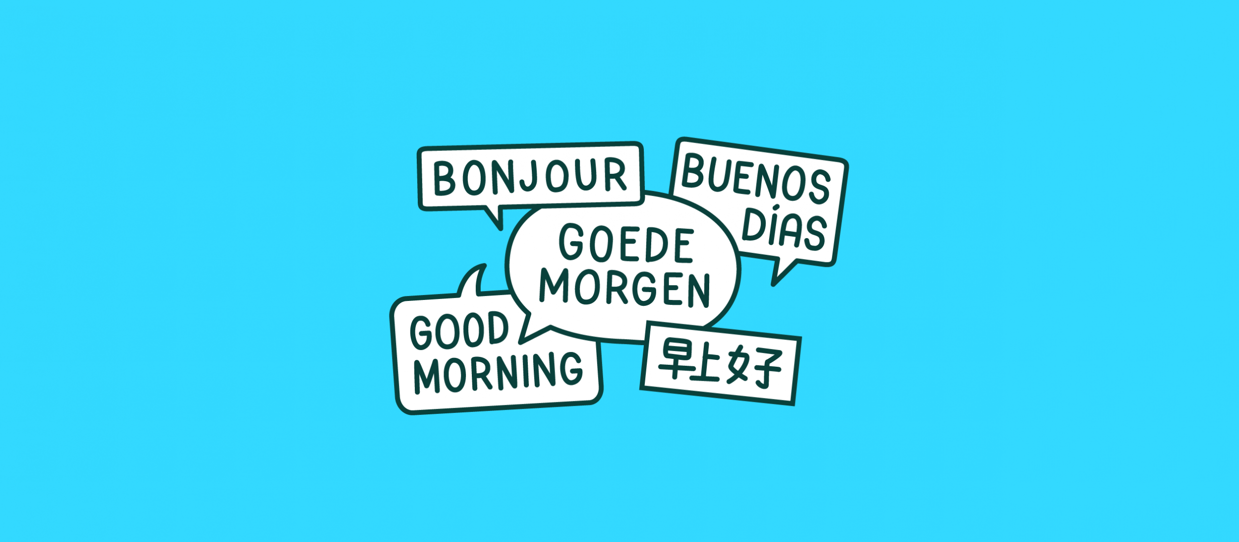 Tekstballonnetjes met "goedemorgen" in verschillende talen.
