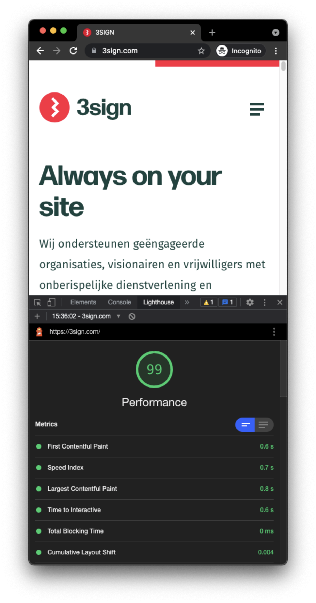 3sign website resultaat op google lighthouse score