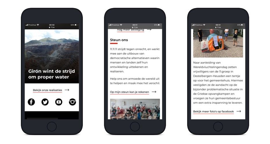 Enkele links op de site van 11.be op een iPhone 8