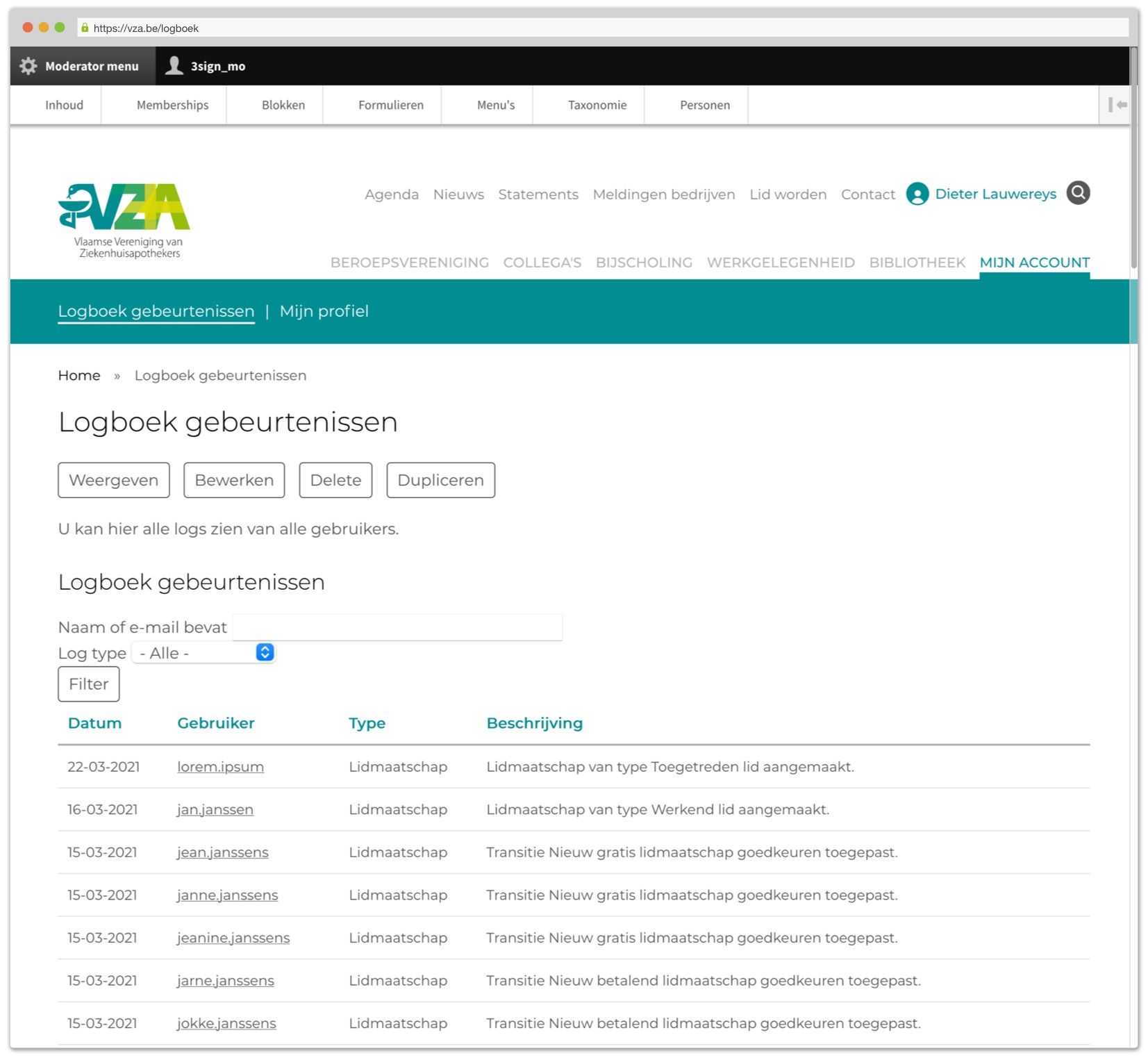 Logboek van alle leden op de site van VZA