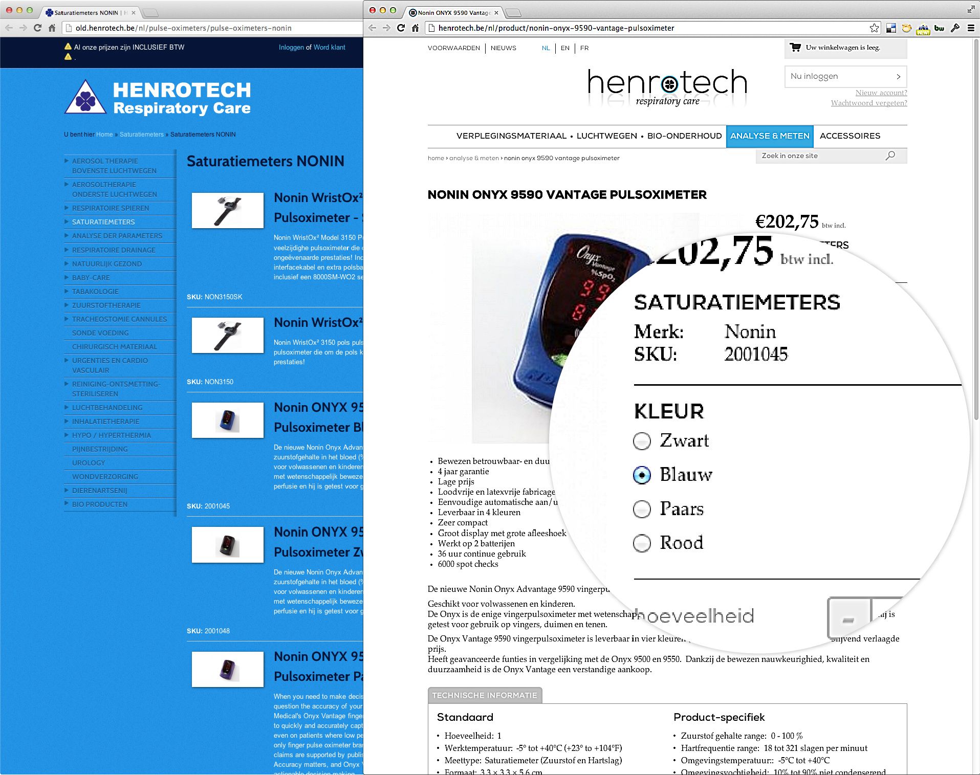 Keuzeopties op de webshop van Henrotech