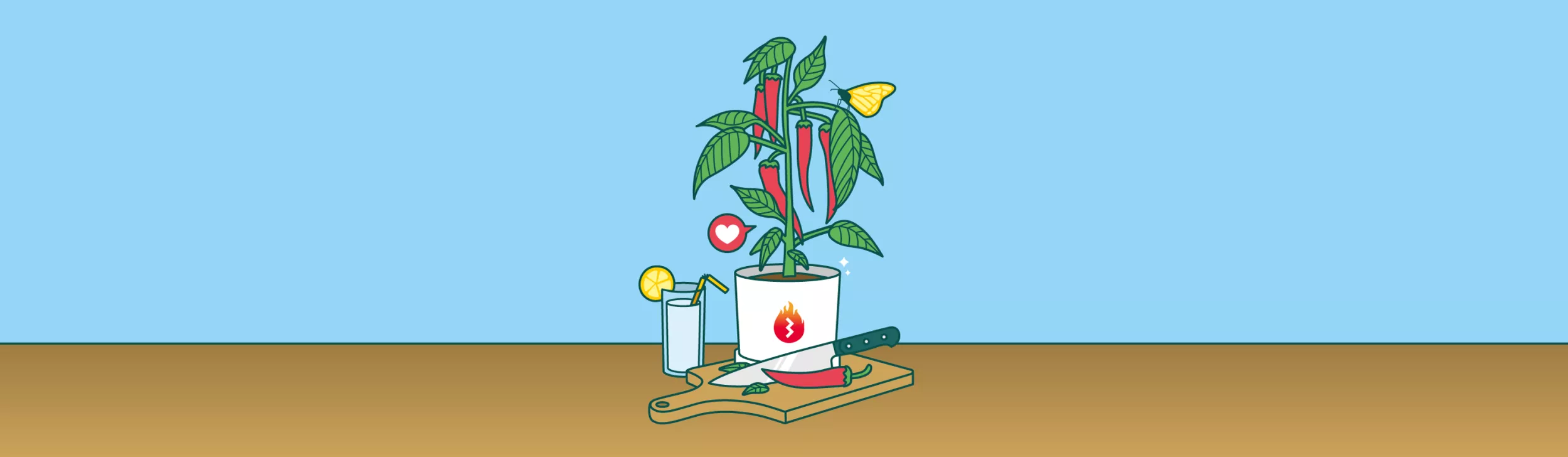 Peperplantje met 3sign logo op de pot en een snijplank op de voorgrond Peperplantje met 3sign logo op de pot en een snijplank op de voorgrond