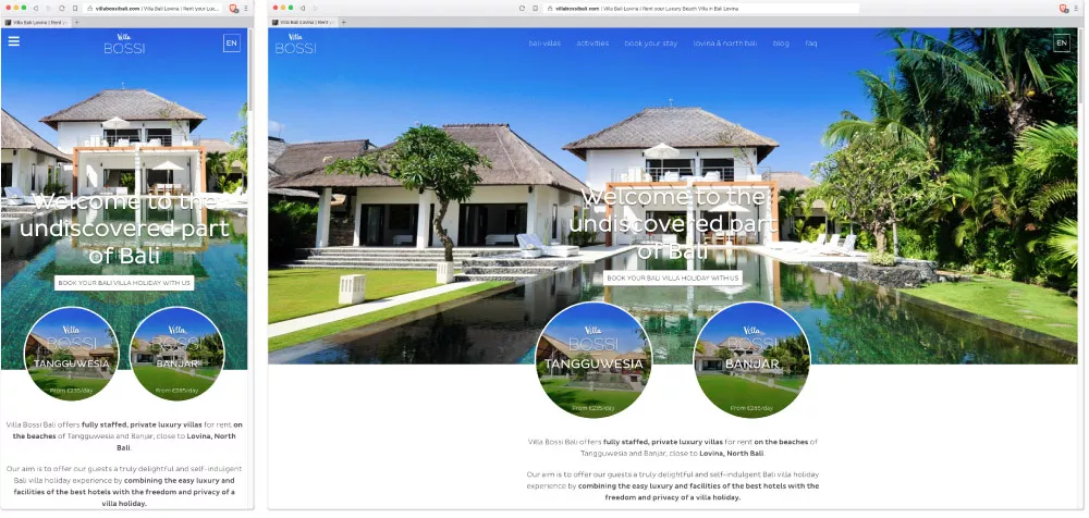 Screenshot website Villa Bossi Bali op desktop en mobiel toestel