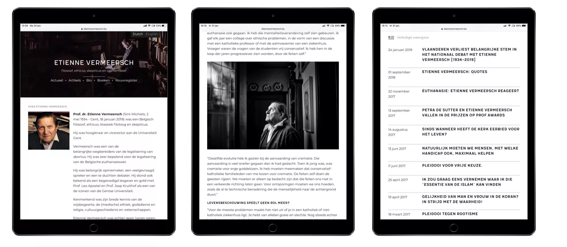 De site van Etienne Verrmeersch weergegeven op een iPad. De site van Etienne Verrmeersch weergegeven op een iPad.