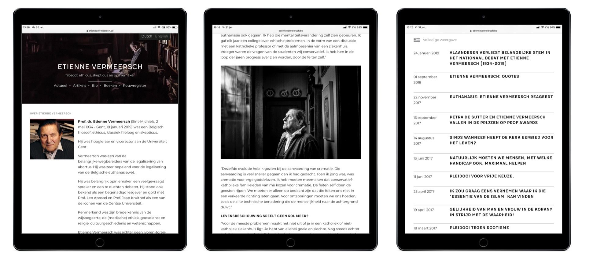 De site van Etienne Verrmeersch weergegeven op een iPad.