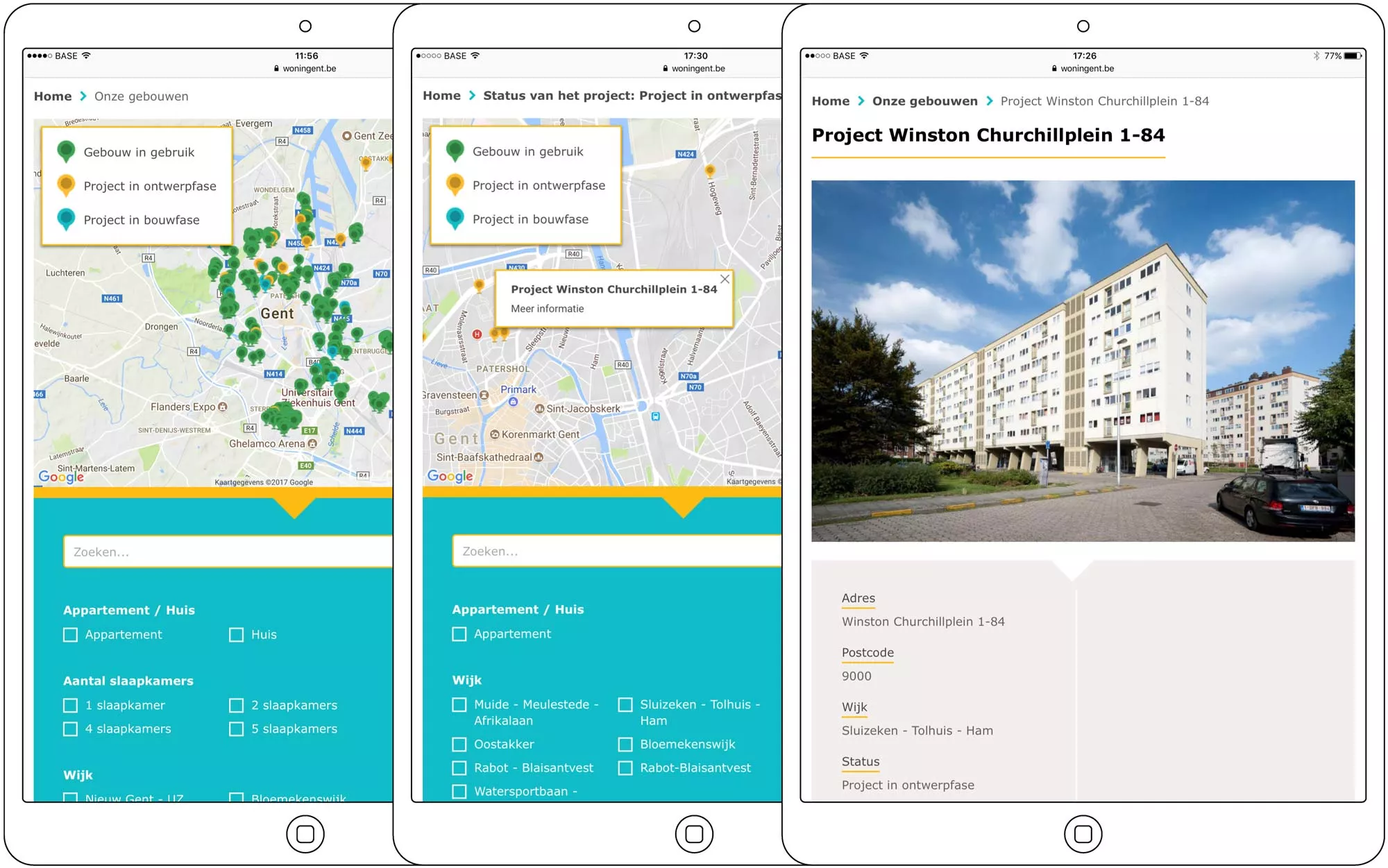 De Interactieve kaart op de site van Woningent. Alle gebouwen worden er op weergegeven en er zijn filters voorzien. De Interactieve kaart op de site van Woningent. Alle gebouwen worden er op weergegeven en er zijn filters voorzien.
